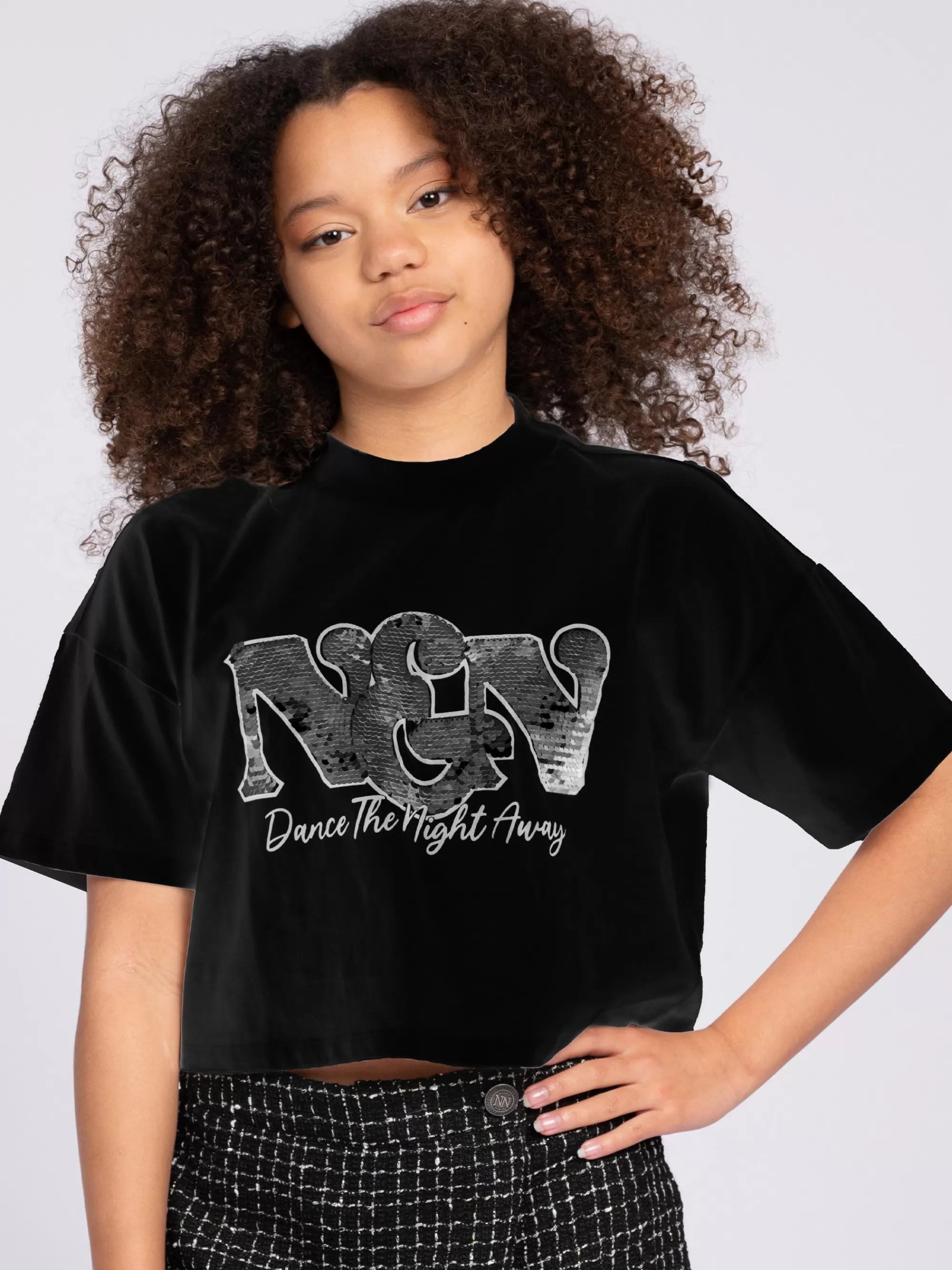 FIFTH HOUSE T-shirts-Cropped T-shirt met pailletten NIK&NIK logo Black