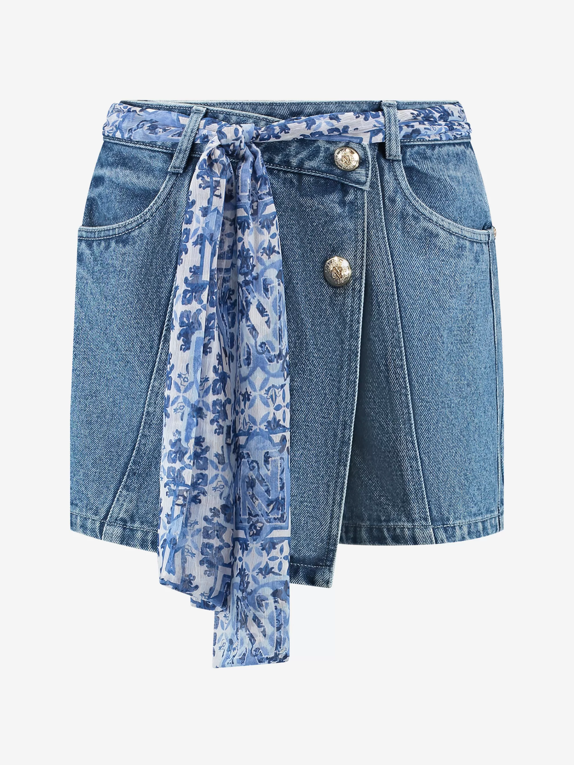 FIFTH HOUSE Shorts | Rokken-Denim skort met gekruiste tailleband Midbluedenim