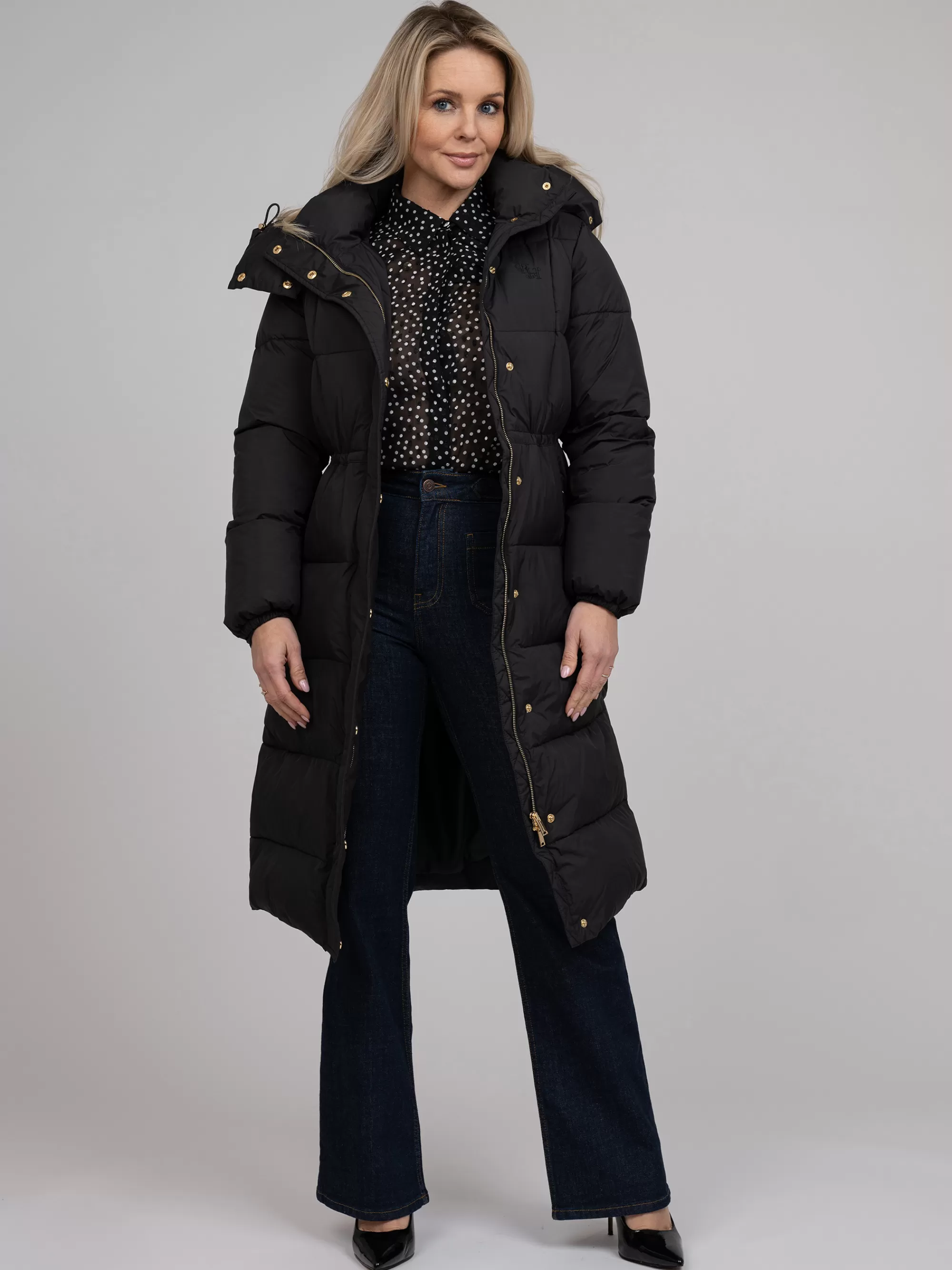 FIFTH HOUSE Jassen & Jacks-Lange puffer jas met capuchon en getailleerde taille Black