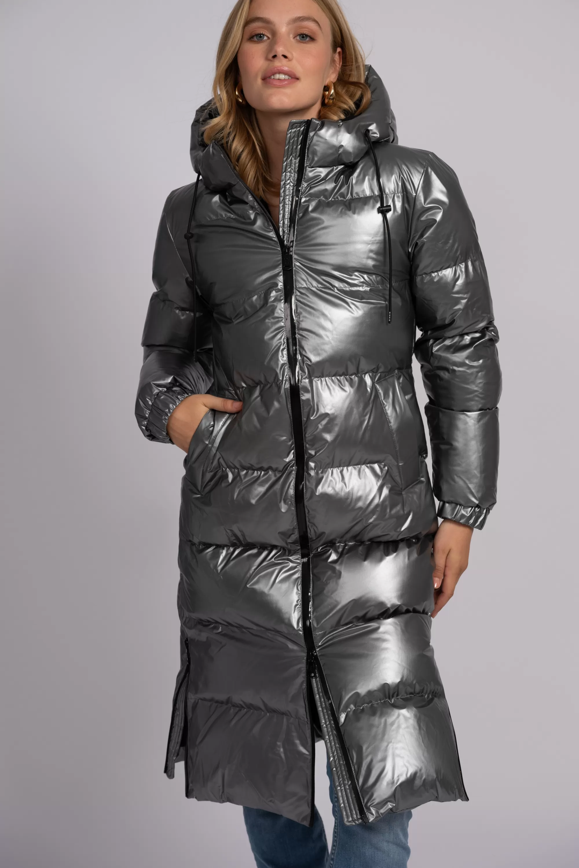 FIFTH HOUSE Jassen & Jacks-Lange puffer jas met metallic look Gunmetal