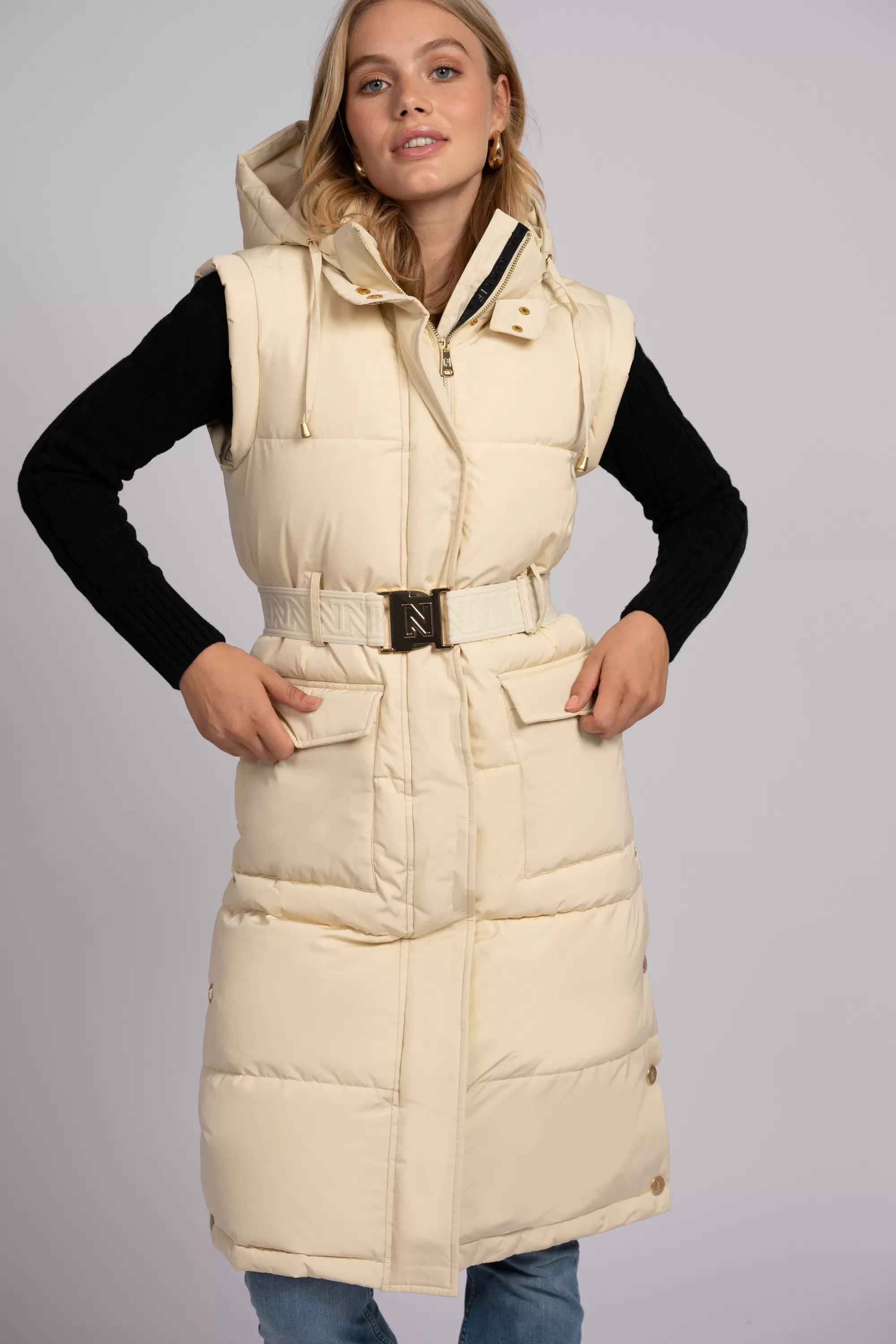 FIFTH HOUSE Jassen & Jacks-Lange puffer jas met riem en afneembare mouwen Vanila