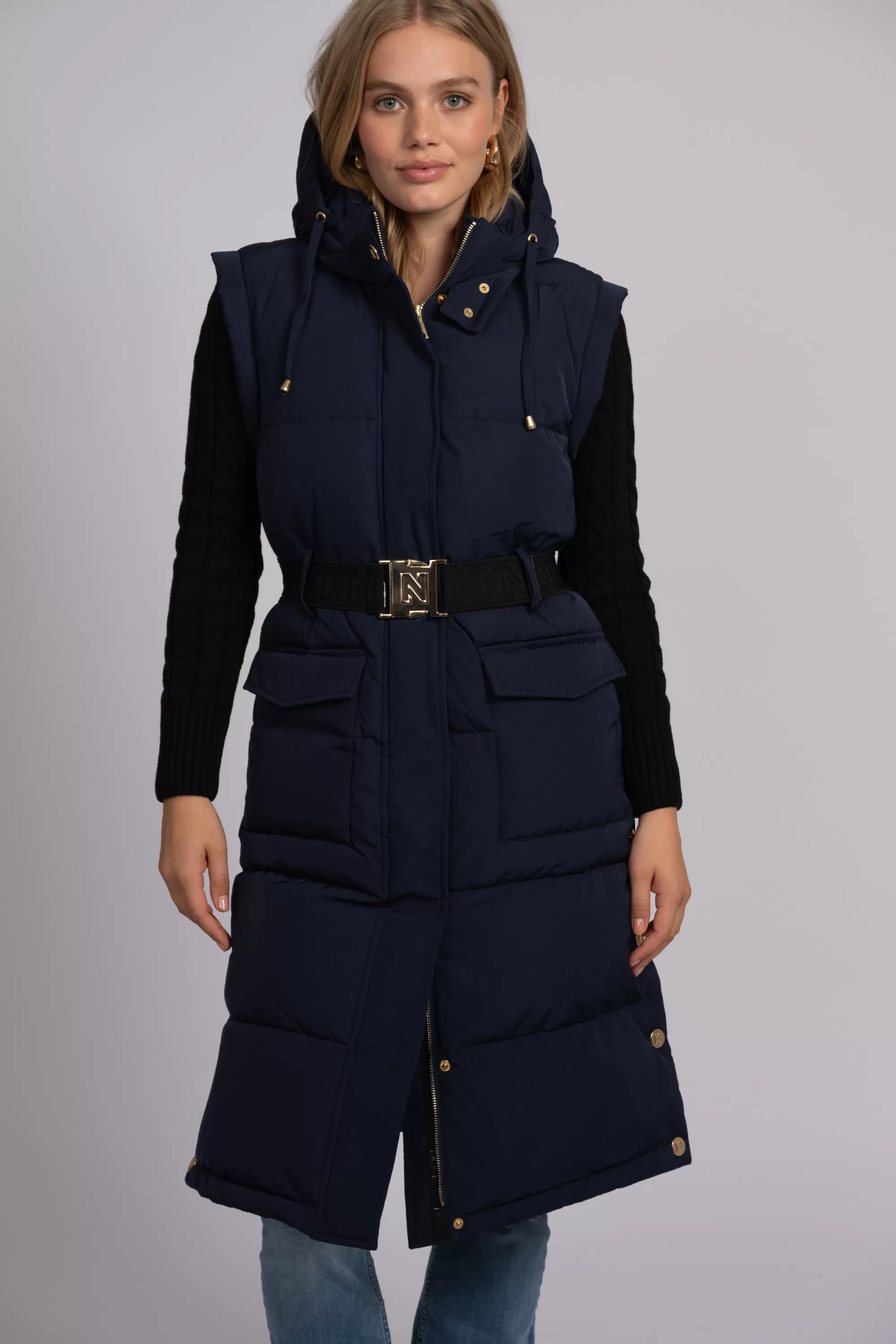 FIFTH HOUSE Jassen & Jacks-Lange puffer jas met riem en afneembare mouwen Navy