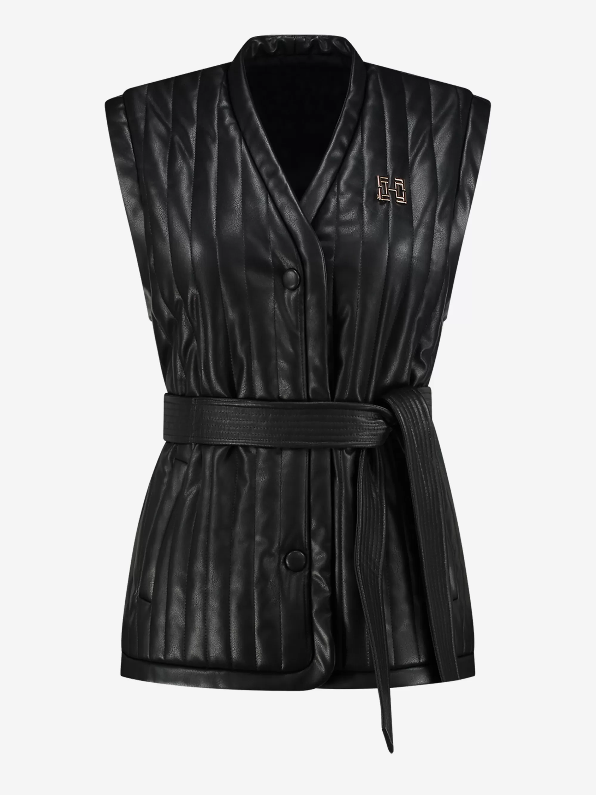 FIFTH HOUSE Jassen & Jacks-Vegan leren gilet met ceintuur met broche Black